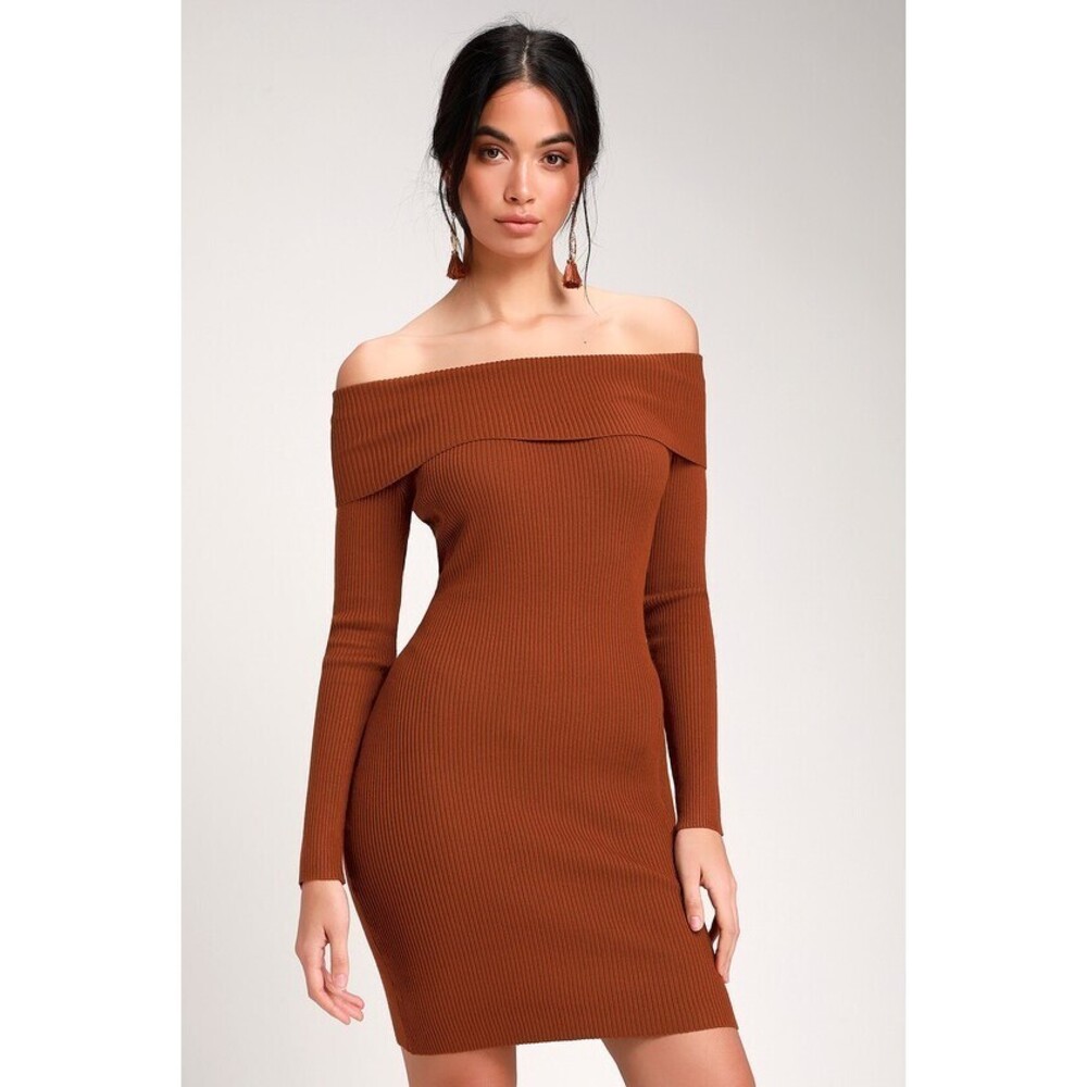 NWT Lulus Mademoiselle Rust Brown Ribbed Off-the-shoulder Bodycon Dress - Size S